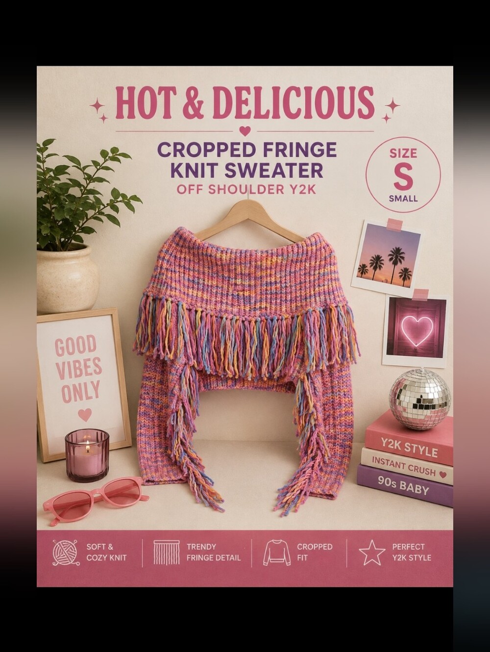 Hot & Delicious Cropped Fringe Knit Sweater Off Shoulder Y2K